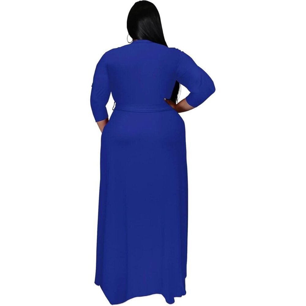 Women's  1005-dark Blue Polyester Blend Floral 3/4 Sleeve With Belt Elegant Maxi - Picture 3 of 3